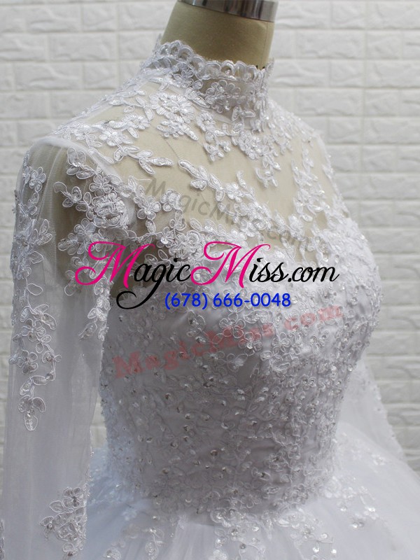 wholesale decent white long sleeves brush train lace bridal gown