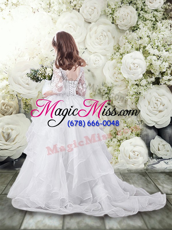 wholesale amazing white ball gowns scoop half sleeves tulle brush train lace up lace and ruffles flower girl dresses for less