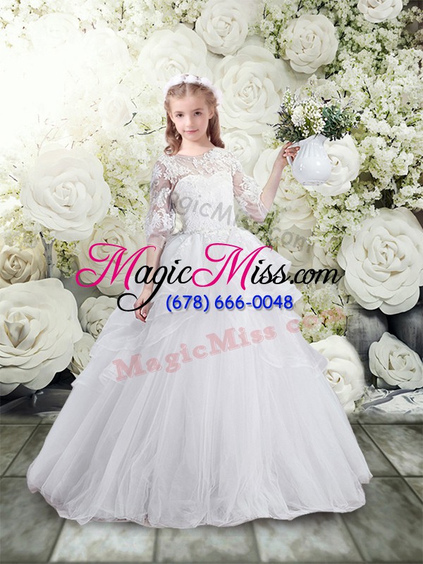 wholesale amazing white ball gowns scoop half sleeves tulle brush train lace up lace and ruffles flower girl dresses for less