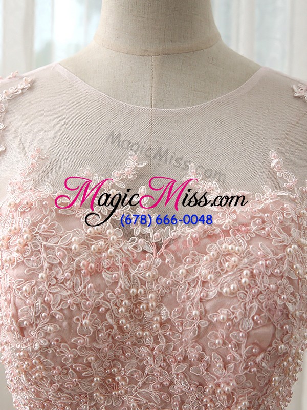wholesale customized beading and lace dama dress baby pink zipper cap sleeves brush train