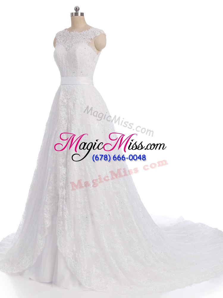 wholesale on sale white wedding dress scalloped sleeveless brush train clasp handle