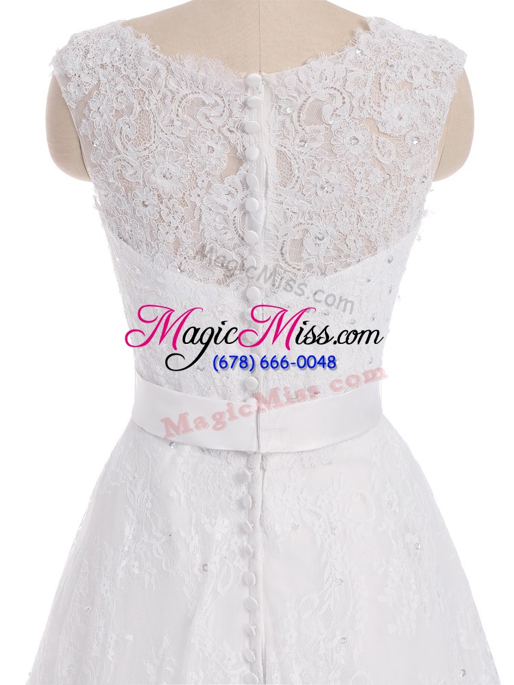 wholesale on sale white wedding dress scalloped sleeveless brush train clasp handle