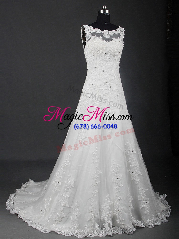 wholesale lace wedding dresses white lace up sleeveless brush train