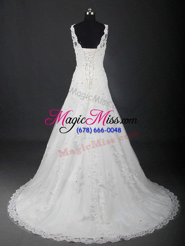 wholesale lace wedding dresses white lace up sleeveless brush train