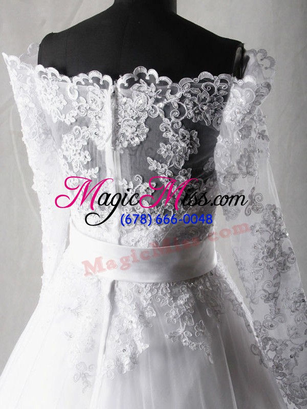 wholesale a-line long sleeves white wedding dress brush train zipper