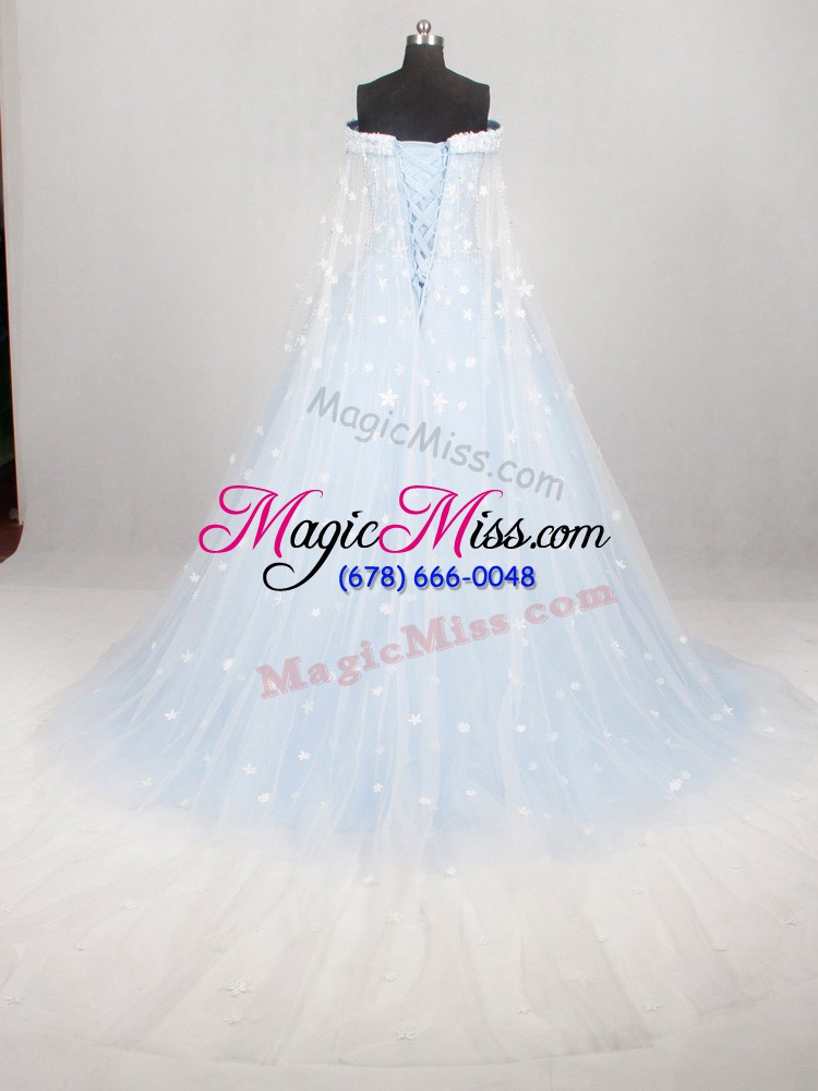 wholesale custom designed light blue sleeveless tulle watteau train lace up wedding gowns for wedding party
