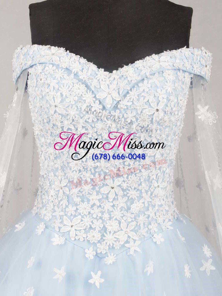 wholesale custom designed light blue sleeveless tulle watteau train lace up wedding gowns for wedding party