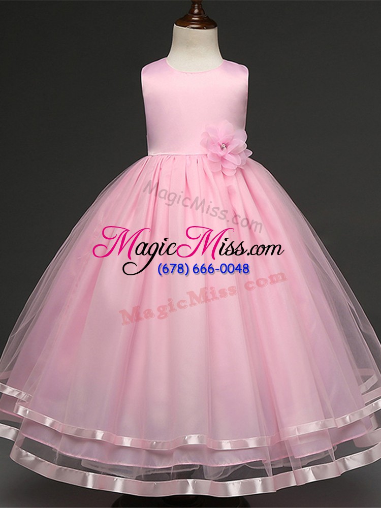 wholesale baby pink tulle zipper scoop sleeveless floor length flower girl dresses hand made flower