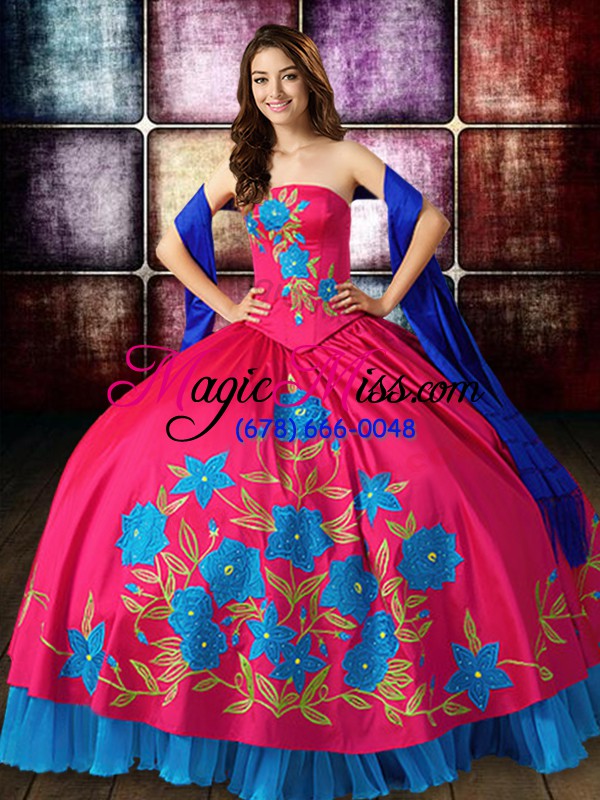 wholesale floor length lace up vestidos de quinceanera hot pink for military ball and sweet 16 and quinceanera with embroidery
