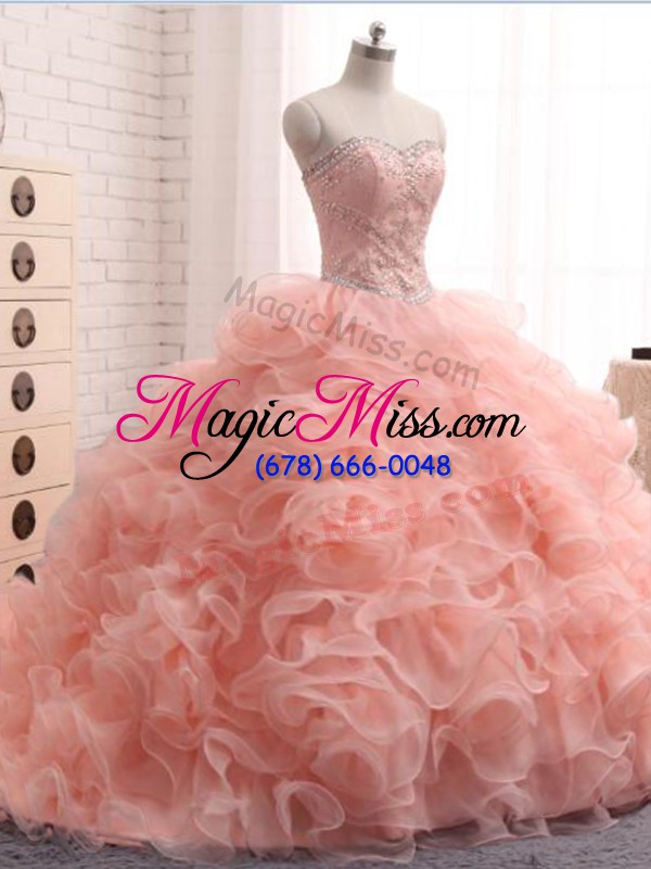 wholesale pink sleeveless beading and ruffles floor length vestidos de quinceanera