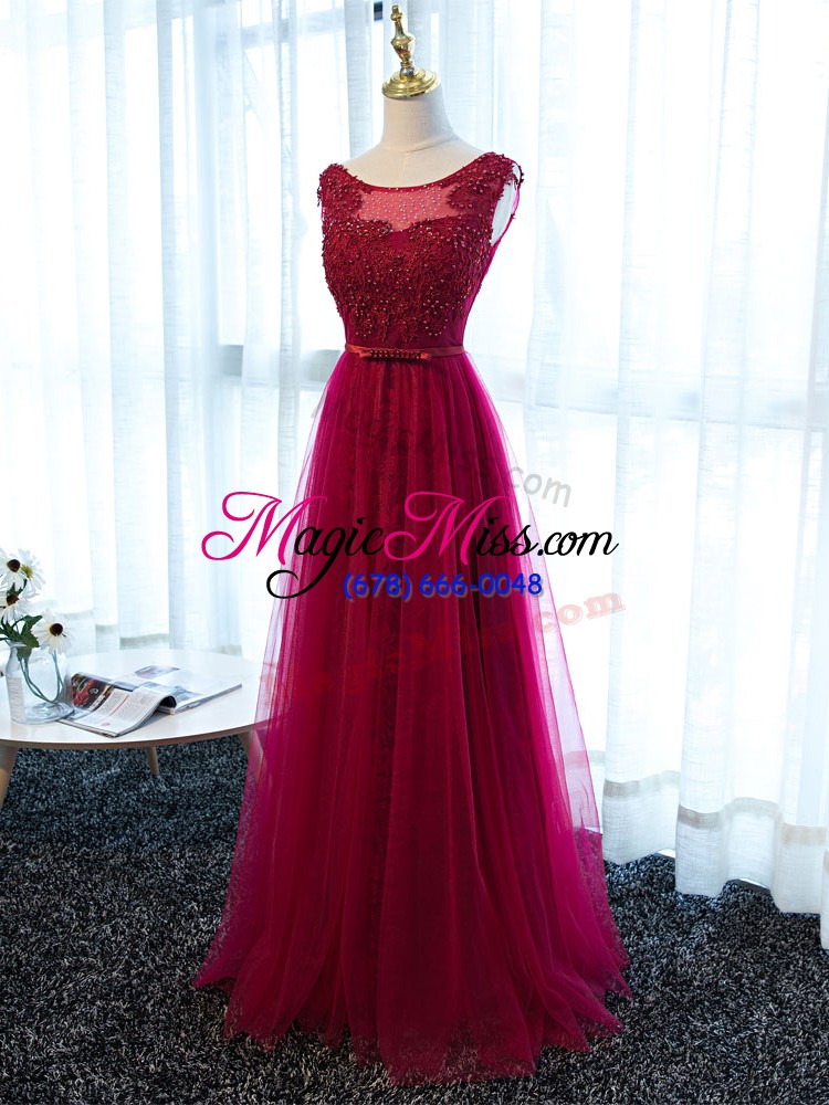 wholesale fuchsia sleeveless beading and lace and appliques and belt floor length prom evening gown