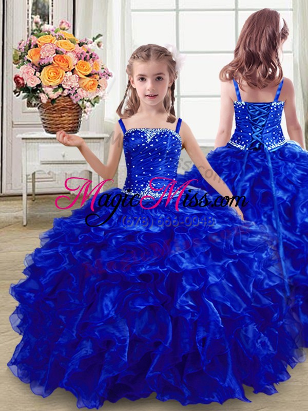 wholesale sophisticated royal blue lace up strapless beading and ruffles quince ball gowns organza sleeveless