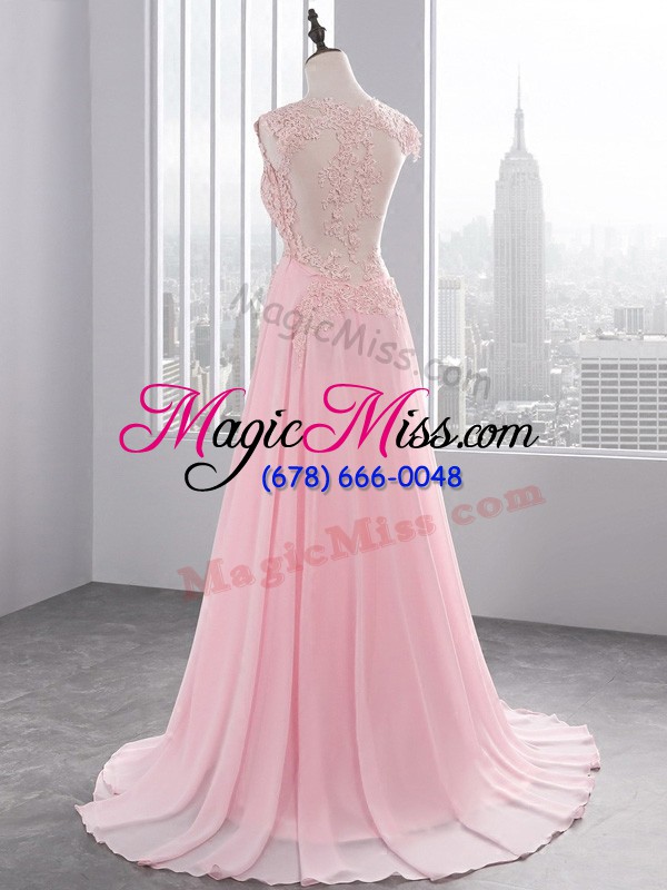wholesale baby pink side zipper v-neck appliques dress for prom chiffon sleeveless brush train