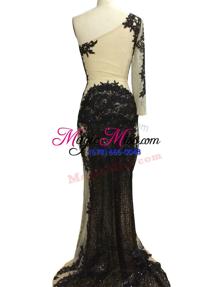 wholesale custom fit black tulle side zipper one shoulder long sleeves floor length hoco dress beading and appliques