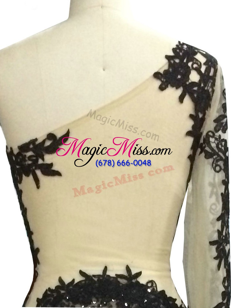 wholesale custom fit black tulle side zipper one shoulder long sleeves floor length hoco dress beading and appliques