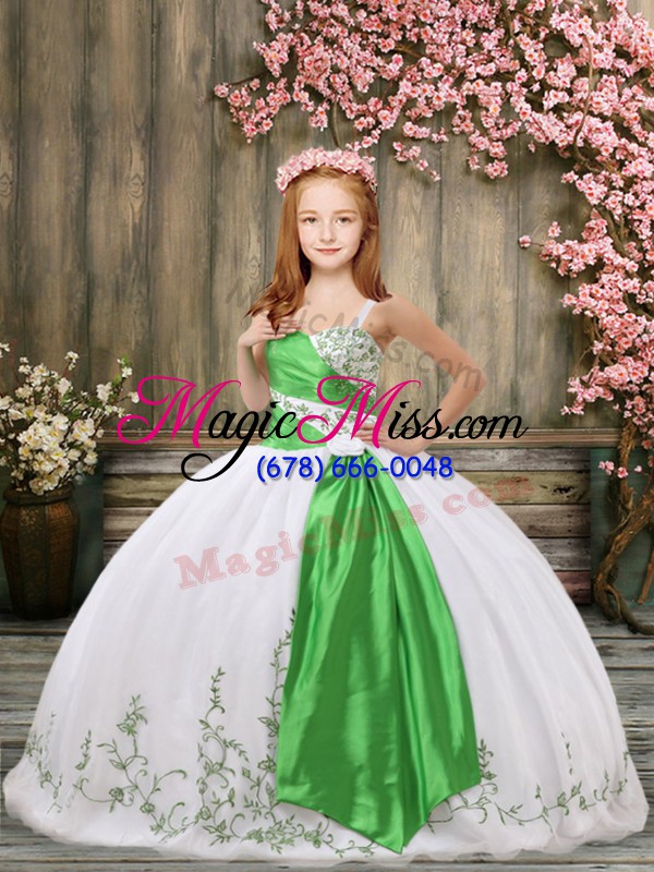 wholesale trendy straps sleeveless kids formal wear floor length embroidery and belt white organza