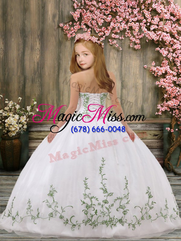 wholesale trendy straps sleeveless kids formal wear floor length embroidery and belt white organza