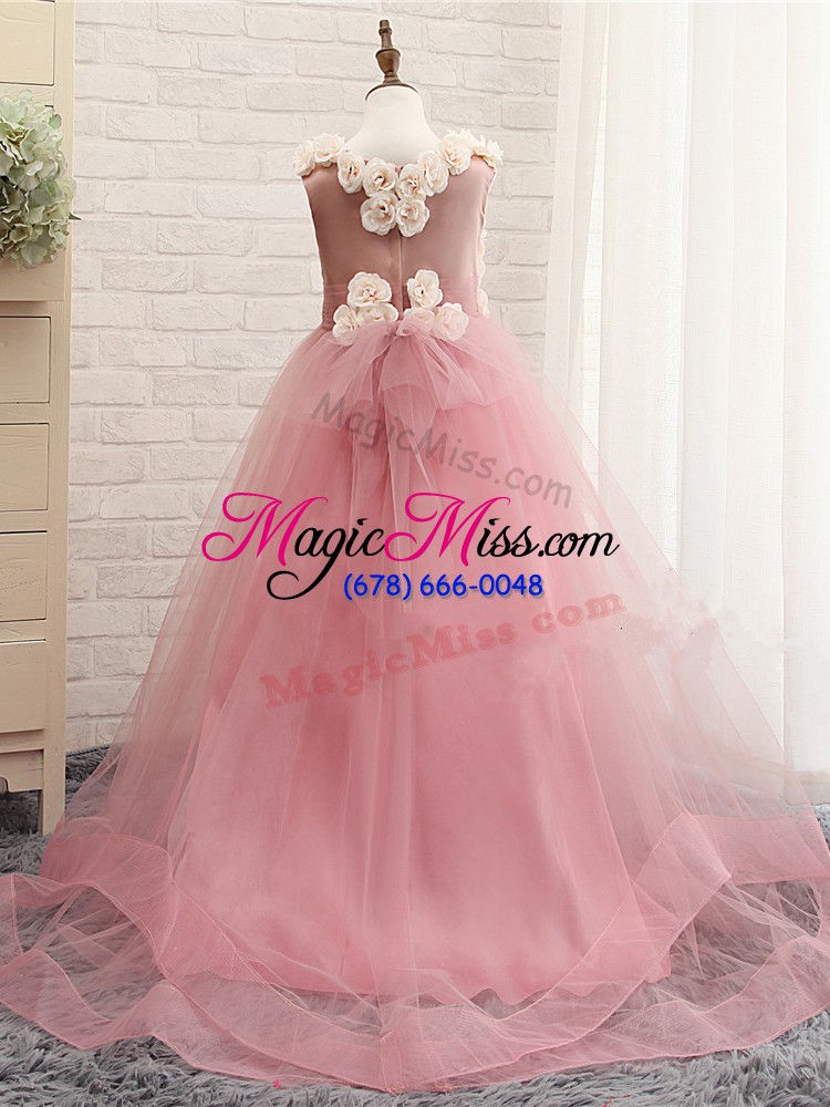 wholesale lovely brush train a-line kids pageant dress pink scoop tulle sleeveless zipper