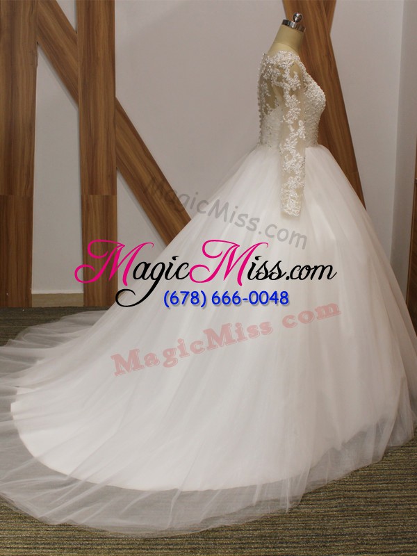 wholesale long sleeves tulle brush train clasp handle wedding dresses in white with lace
