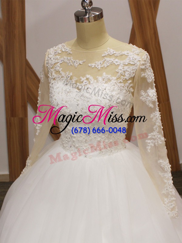wholesale long sleeves tulle brush train clasp handle wedding dresses in white with lace
