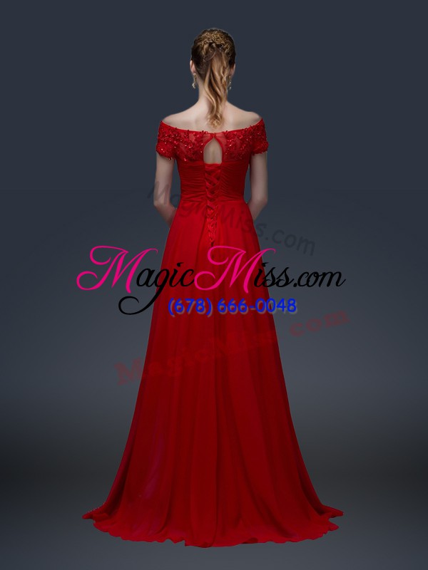 wholesale wonderful off the shoulder short sleeves chiffon mother of groom dress appliques lace up