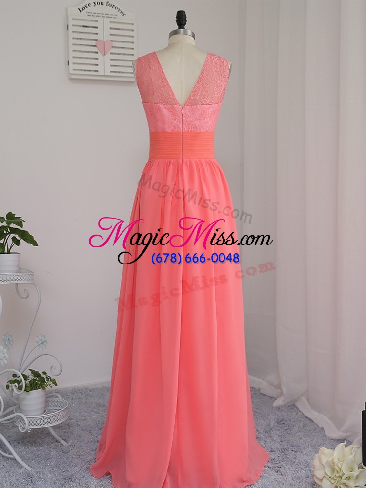wholesale charming watermelon red scoop zipper lace bridesmaid gown sleeveless