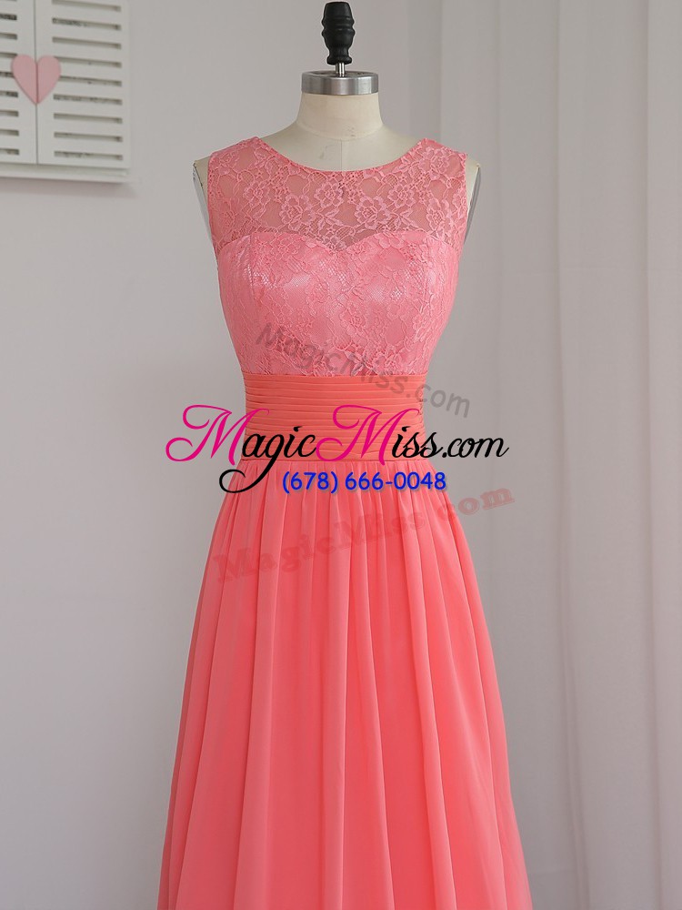 wholesale charming watermelon red scoop zipper lace bridesmaid gown sleeveless