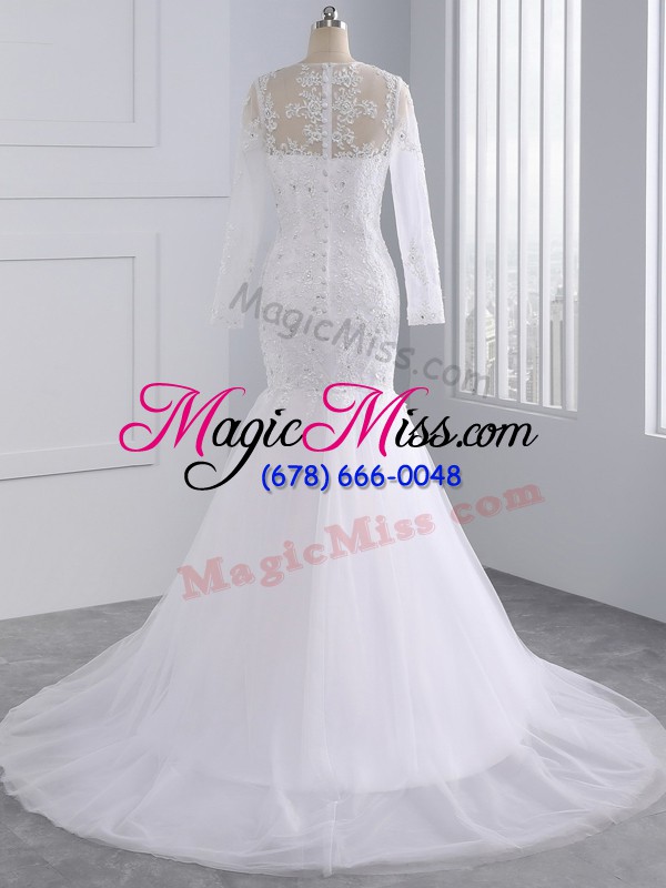 wholesale decent white tulle zipper wedding dress long sleeves brush train beading and lace and appliques