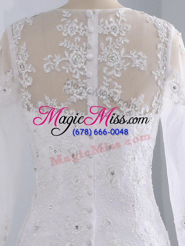 wholesale decent white tulle zipper wedding dress long sleeves brush train beading and lace and appliques