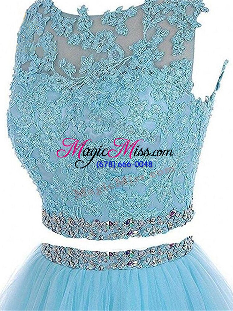 wholesale delicate aqua blue sleeveless beading and lace and appliques mini length dress for prom