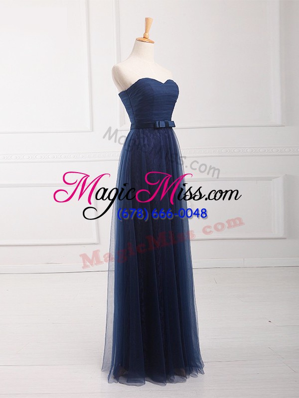 wholesale designer floor length navy blue bridesmaids dress tulle and lace sleeveless belt