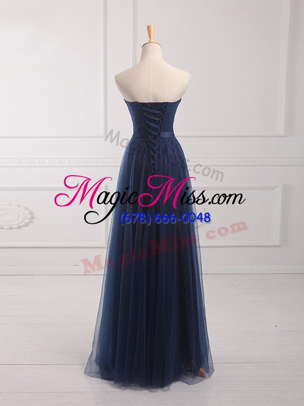 wholesale designer floor length navy blue bridesmaids dress tulle and lace sleeveless belt