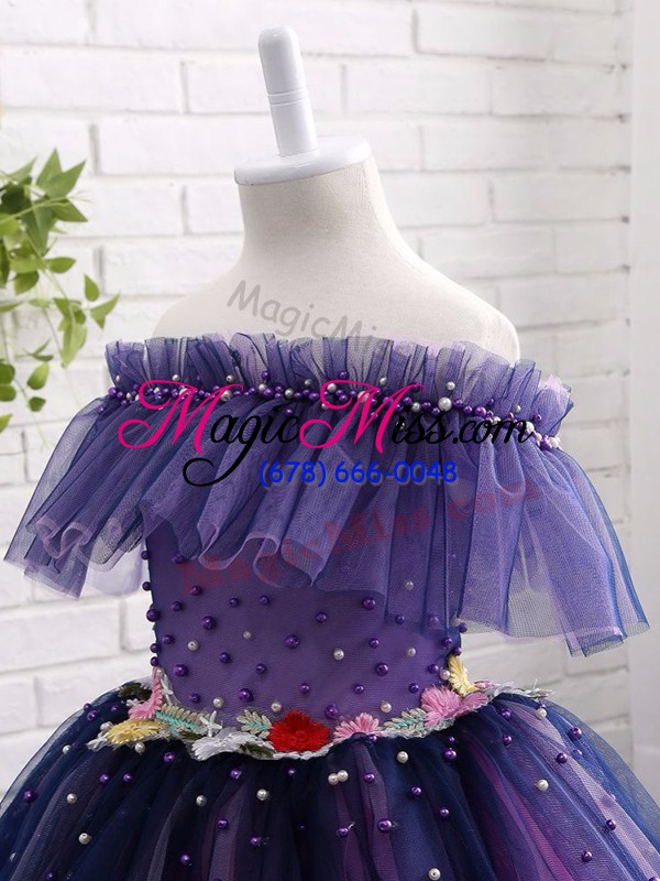 wholesale knee length purple kids pageant dress off the shoulder short sleeves lace up
