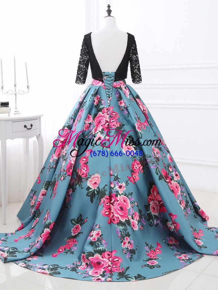wholesale extravagant multi-color long sleeves printed brush train backless formal evening gowns for prom and military ball and sweet 16