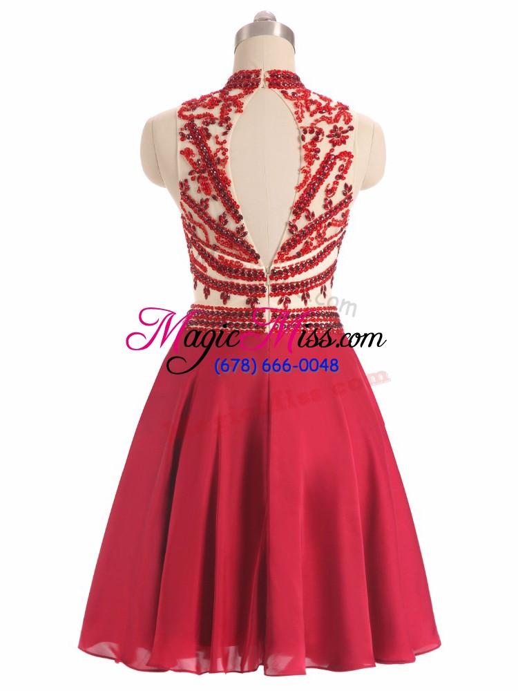 wholesale mini length red prom party dress chiffon sleeveless beading
