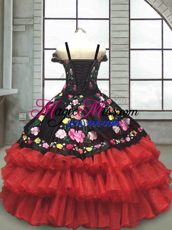 wholesale lovely sleeveless floor length embroidery and ruffled layers lace up pageant gowns for girls with red and black