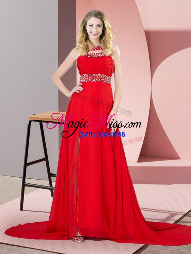 wholesale red sleeveless chiffon brush train backless homecoming dress for prom and party and military ball