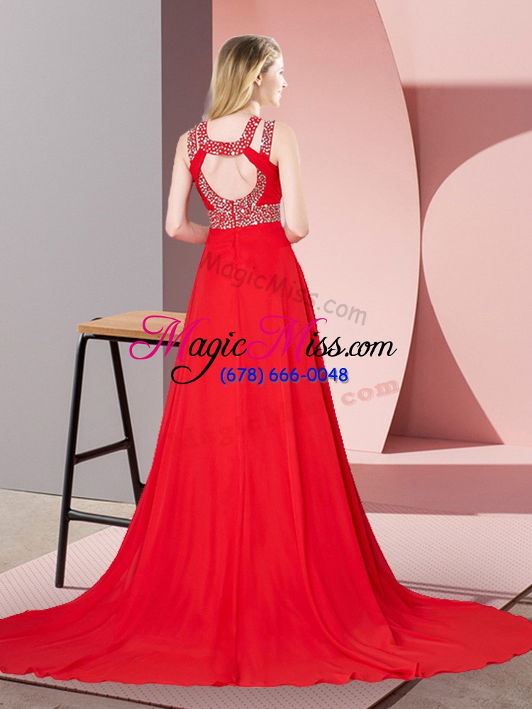 wholesale red sleeveless chiffon brush train backless homecoming dress for prom and party and military ball