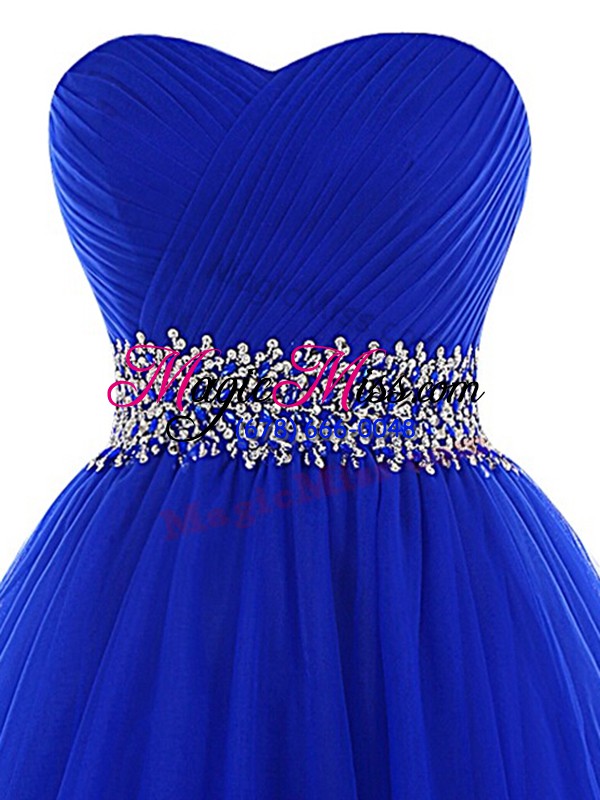wholesale sexy royal blue tulle lace up sweetheart sleeveless mini length beading and ruffles