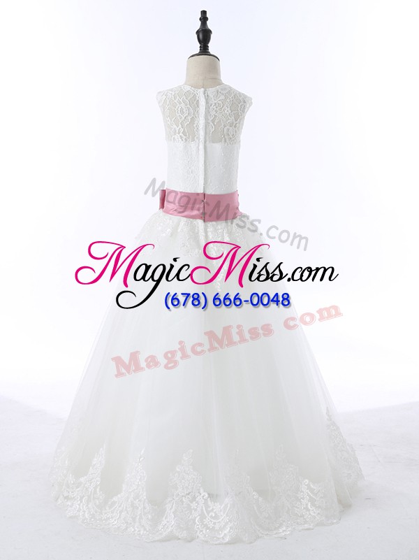 wholesale white sleeveless lace and bowknot floor length kids pageant dress