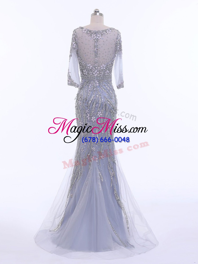 wholesale fashion silver zipper prom evening gown beading 3 4 length sleeve brush train