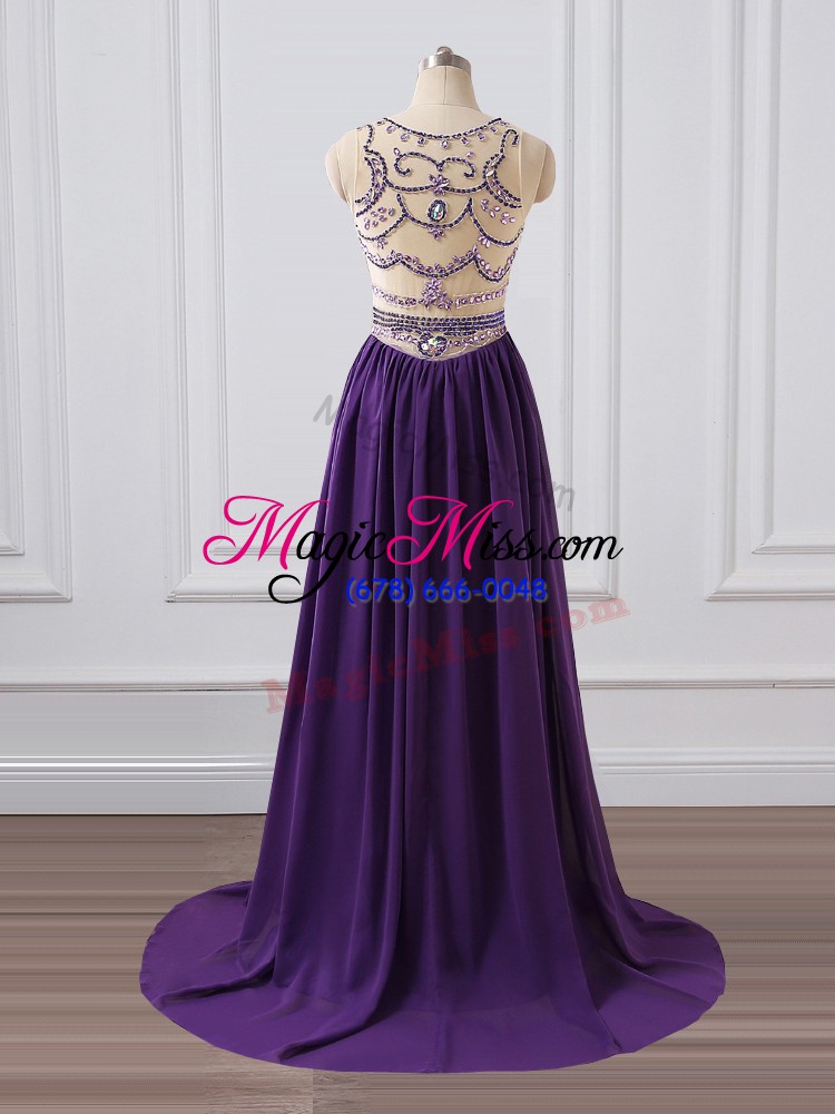 wholesale purple sleeveless chiffon brush train zipper prom evening gown for prom and military ball and sweet 16