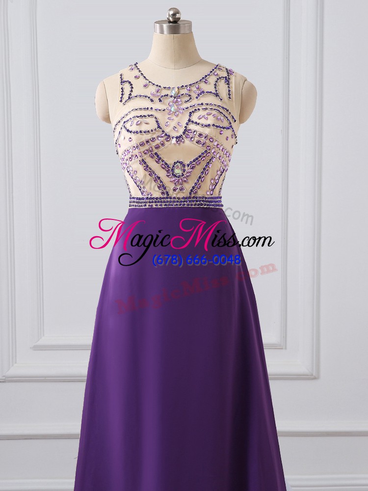 wholesale purple sleeveless chiffon brush train zipper prom evening gown for prom and military ball and sweet 16