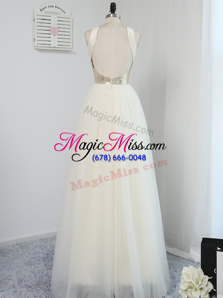 wholesale exquisite scoop sleeveless bridesmaid dresses floor length sequins light yellow tulle