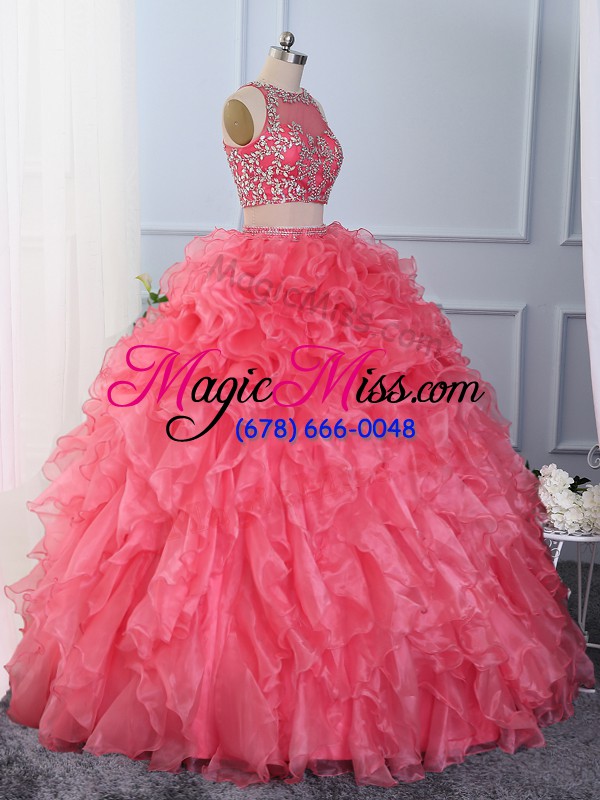 wholesale new style hot pink sleeveless floor length beading and ruffles lace up quinceanera gown
