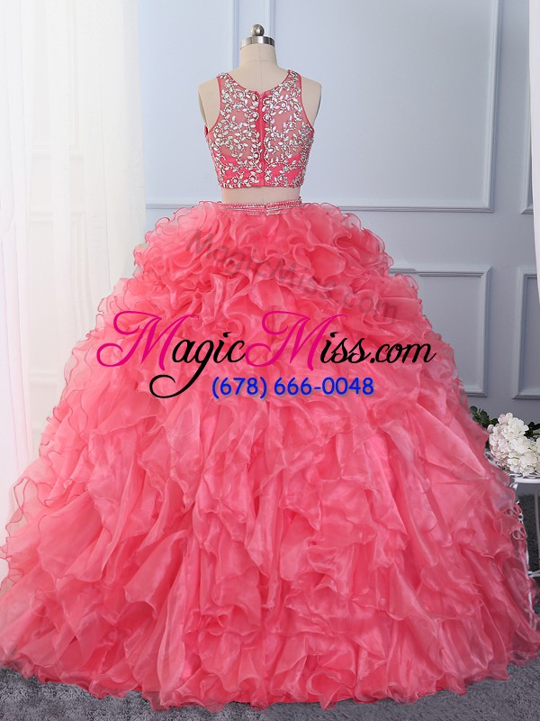 wholesale new style hot pink sleeveless floor length beading and ruffles lace up quinceanera gown