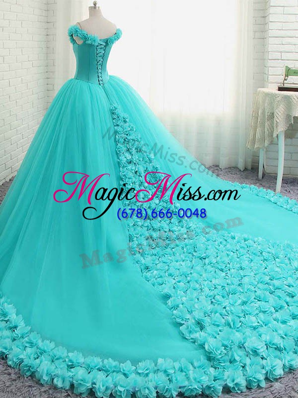wholesale ball gowns sleeveless aqua blue sweet 16 quinceanera dress court train lace up