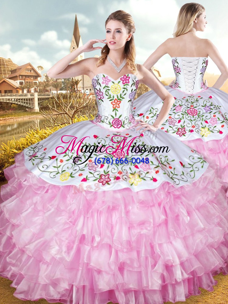 wholesale colorful sweetheart sleeveless quinceanera gowns floor length embroidery and ruffled layers rose pink organza and taffeta