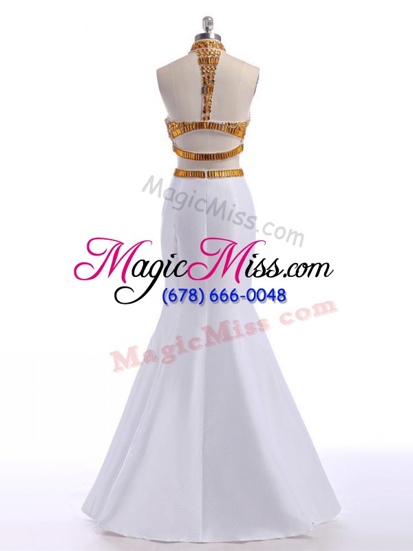 wholesale two pieces dress for prom white halter top satin sleeveless floor length lace up