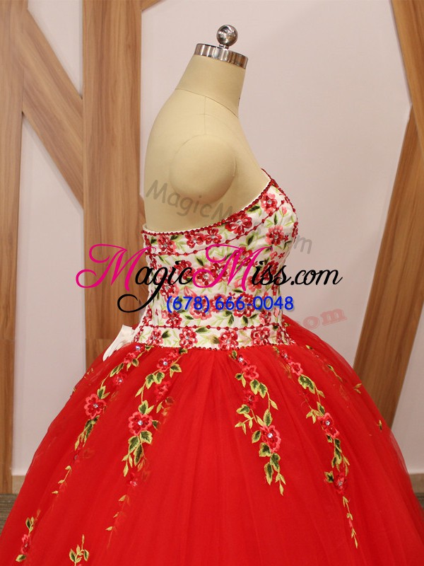 wholesale artistic embroidery and ruffled layers ball gown prom dress red lace up sleeveless sweep train